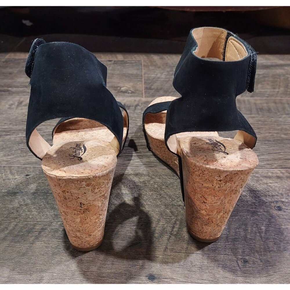 Lucky Brand Black Suede Sandal Ankle Strap Cork Wedge Heel Size7.5M USA Mcdowell - Picture 3 of 9